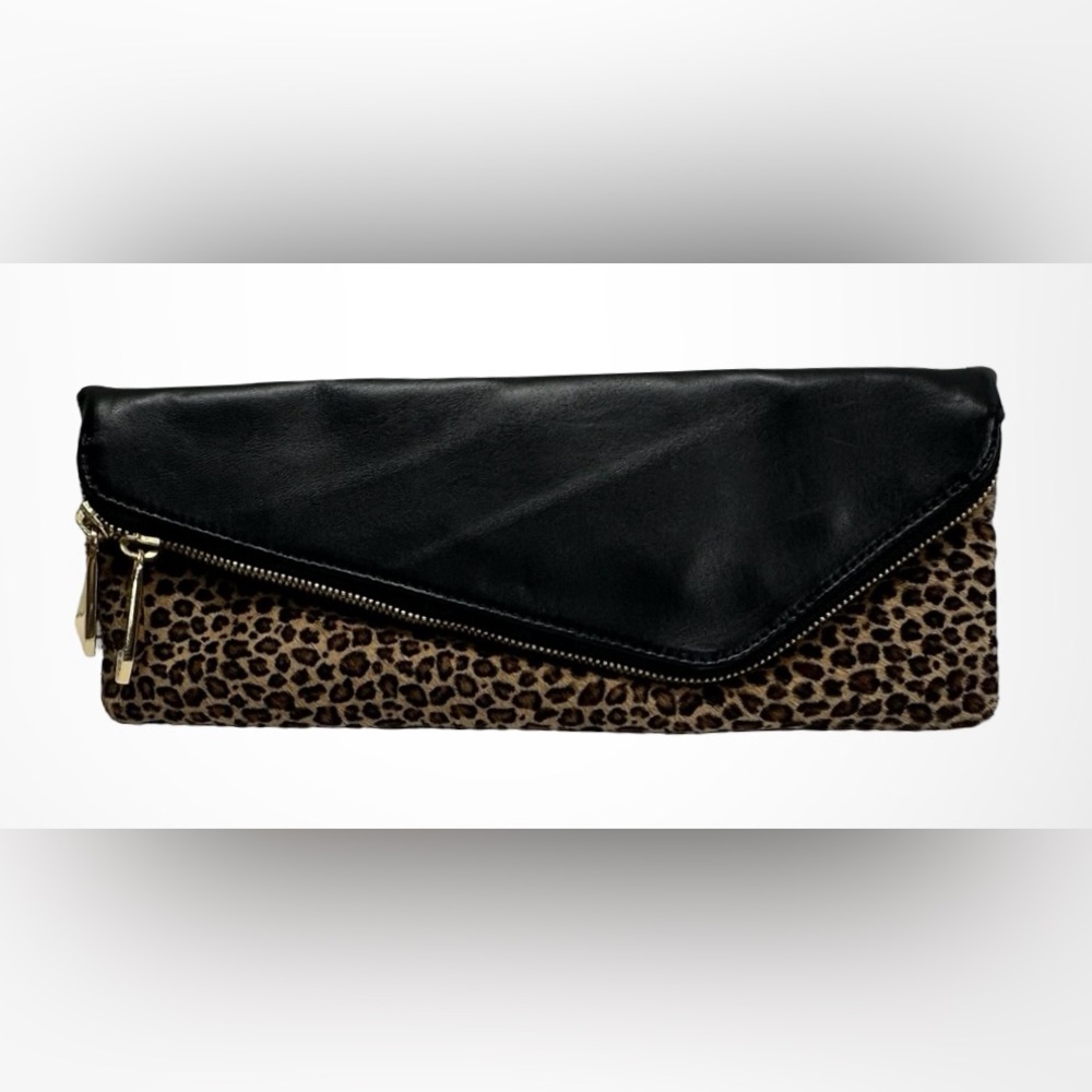Henri Bendel Black Clutch With Leopard Print Fold Over Flap RARE! Gold Strap EUC